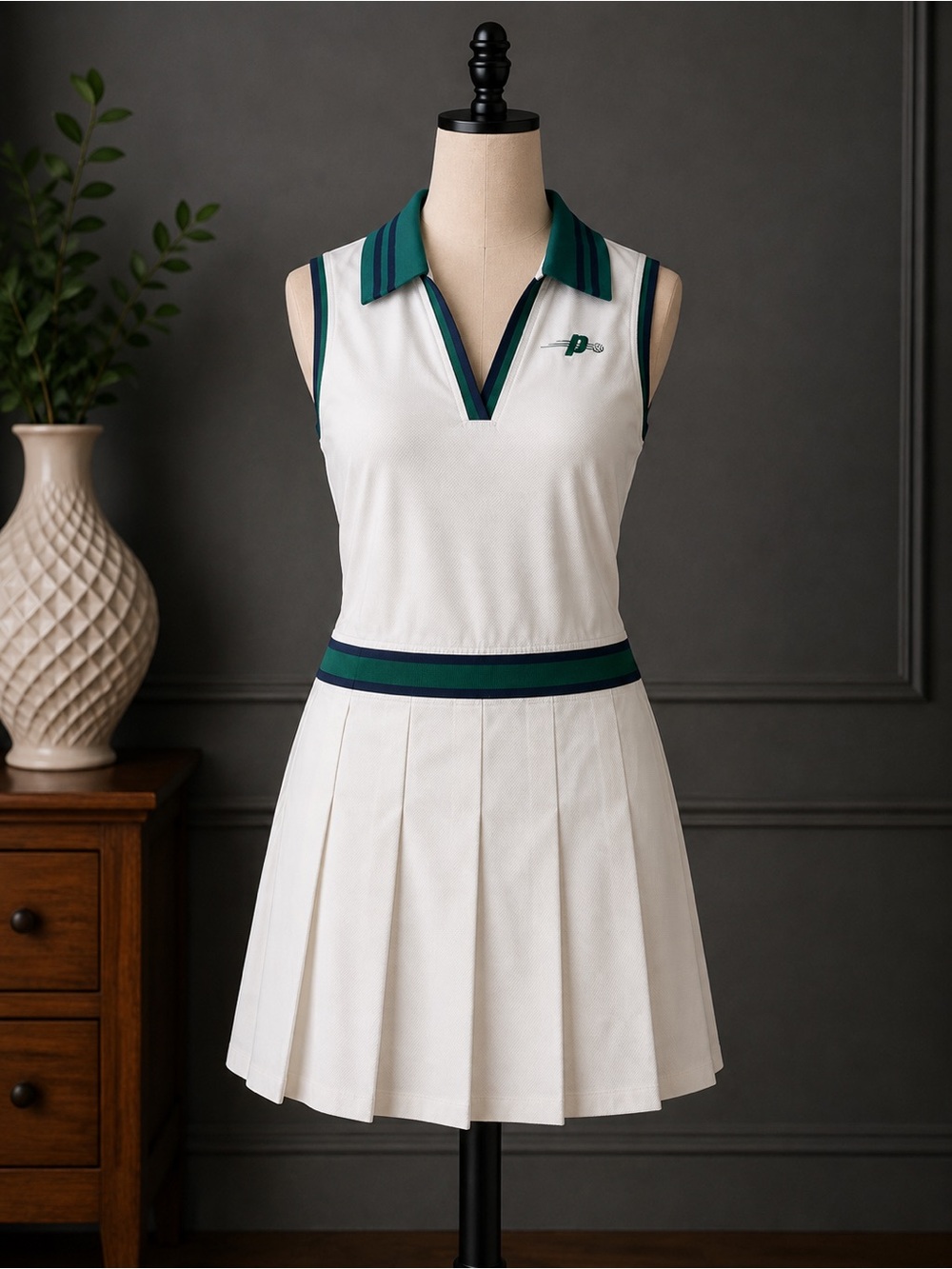 Prince White Pickleball Dress with Green and Navy Trim